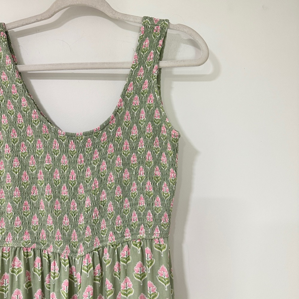 Japna Women Large Green Pink Floral Smocked Wide Leg Jumpsuit Sleeveless Pockets